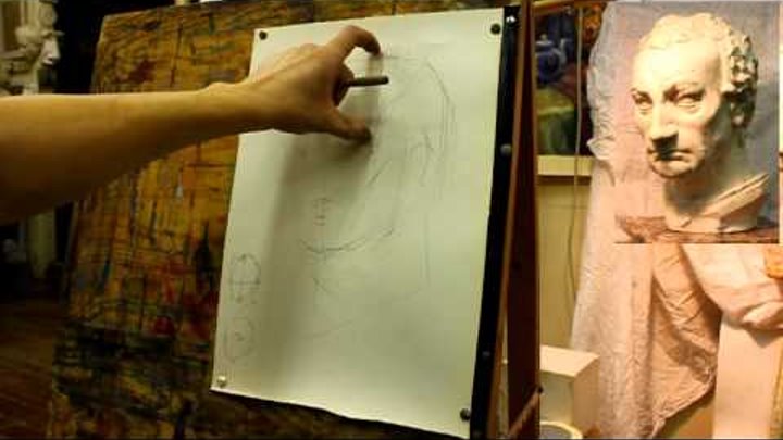 Обучение рисунку. Портрет. 17 серия: рисунок гипсовой головы Гаттамелаты, начало построения