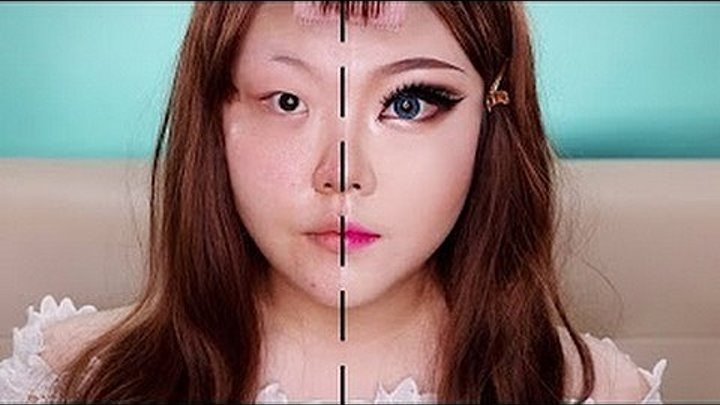 Азиатка показывает чудеса макияжа