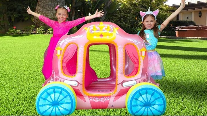 Elina and Julia Pretend Play with Princess Carriage Inflatable Toy