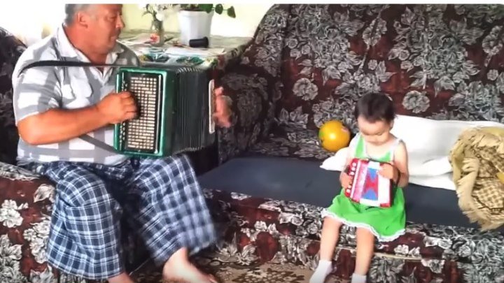 Дедушка и внучка играют на гармошке