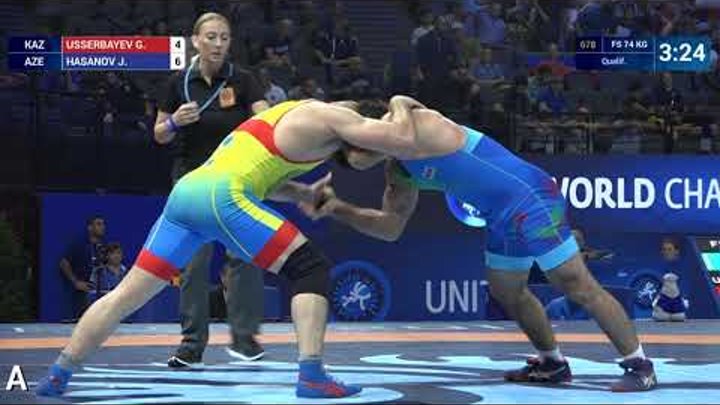 Qual. FS - 74 kg: J. HASANOV (AZE) df. G. USSERBAYEV (KAZ) by VPO1, 9-7 Qual. FS - 74 kg: J. HASANOV (AZE) df. G. USSERBAYEV (KAZ) by VPO1, 9-7