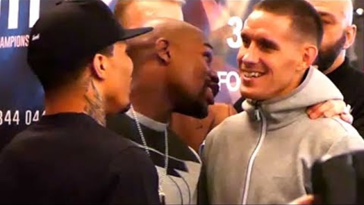 FLOYD MAYWEATHER AND GERVONTA DAVIS TRADE WORDS WITH LIAM WALSH DURING ANIMATED FACE OFF