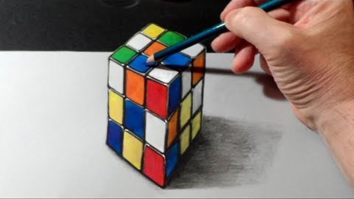 Anamorphic Illusion, How to Draw 3D Rubiks Cube, Time Lapse