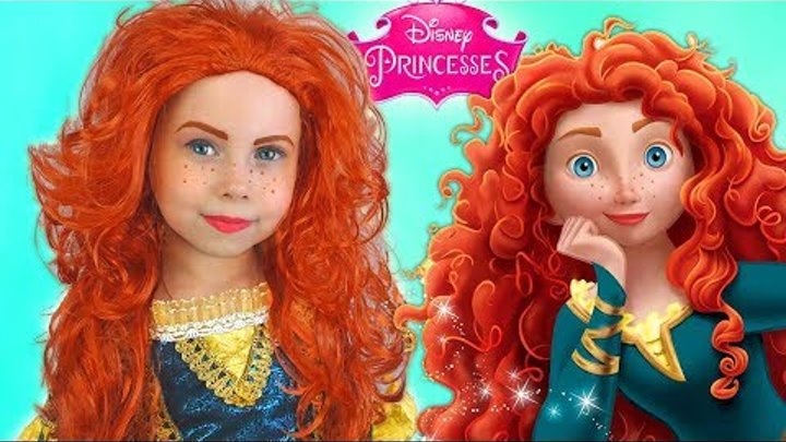 Kids Makeup Merida & Costume Disney Princess Alisa Pretend Play with DOLL in a Real Princess