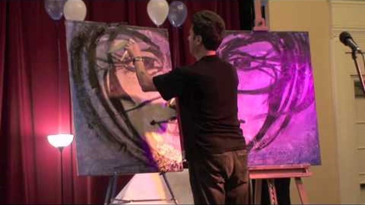 Stefan Andreev painting with two hands on two canvases: First in History Live Ambidextrous Art.