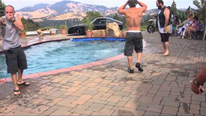 Motorcycles crashing into swimming pool during pool party, stunts gone bad, Jimmy Kimmel fail