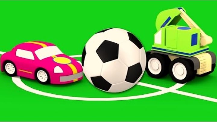 Dessin animé. Quatre voitures colorées jouent au FOOTBALL. Vidéo éducative pour enfants