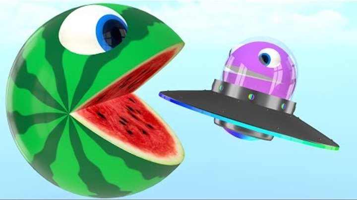 Watermelon Pacman fun play on farm as he meet a ufo in surprise toys then roll a magic slide