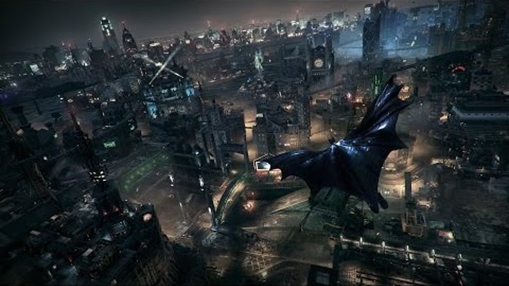 Бэтмен летает над ночным Готэмом в Batman: Arkham Knight