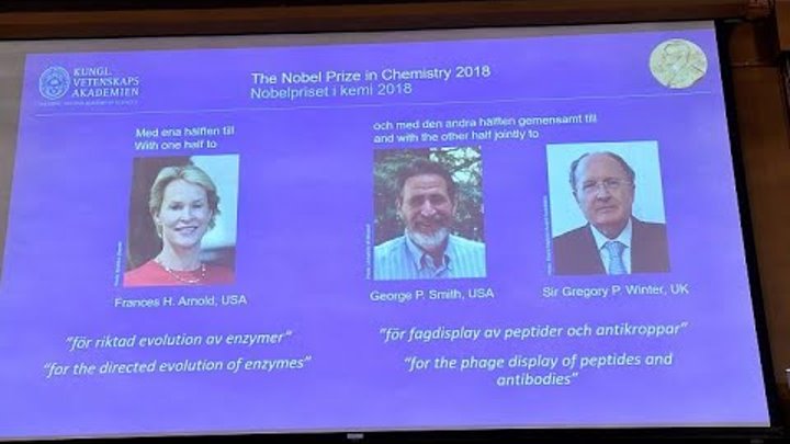 Лауреатами Нобелевской премии по химии 2018 стали Фрэнсис Арнольд, Джордж Смит и Грегори Винтер…