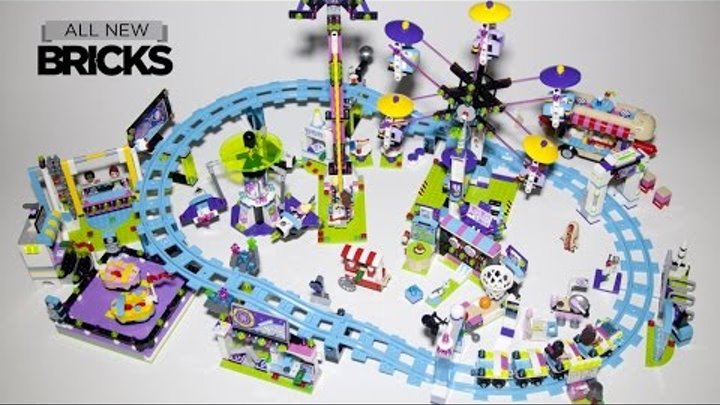 Lego Friends Amusement Park - Roller Coaster Bumper Cars Hot Dog Van Space Ride Arcade - Speed Build
