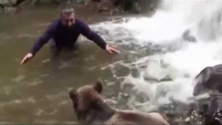 Русский медведь и турецкий путешественник Цемал Гулас играют и обнимаются в реке на Алтае