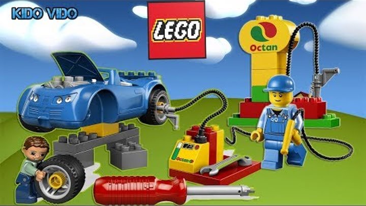 Лего Мультфильм. Заправка синей машинки на гонках Лего. Детская игра мультик Лего Джуниор.