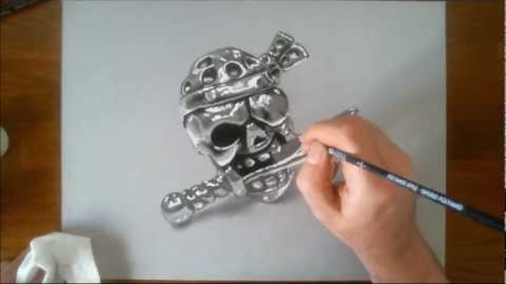 Illusion 3D drawing - Chrome Pirate Skull - HD Video Speed Painting