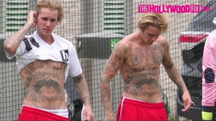 Justin Bieber Strips Down To His Bare Chest & Tattoos At His Soccer Game Warm Up 5.12.18