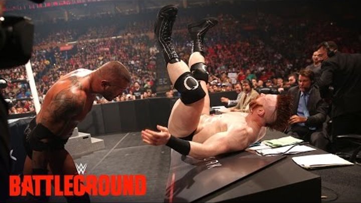 WWE Network: Randy Orton sends Sheamus crashing into the announce table: WWE Battleground 2015 WWE Network: Randy Orton sends Sheamus crashing into the announce table: WWE Battleground 2015