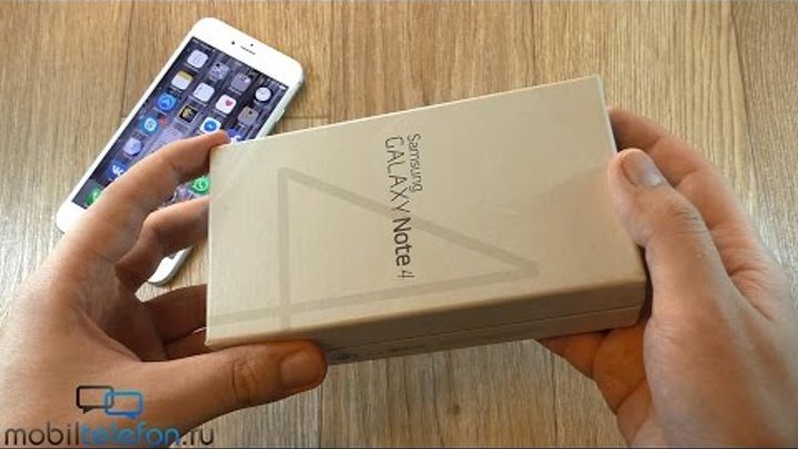 Распаковка Samsung Galaxy Note 4 в черном цвете и демо с iPhone 6 Plus (unboxing)