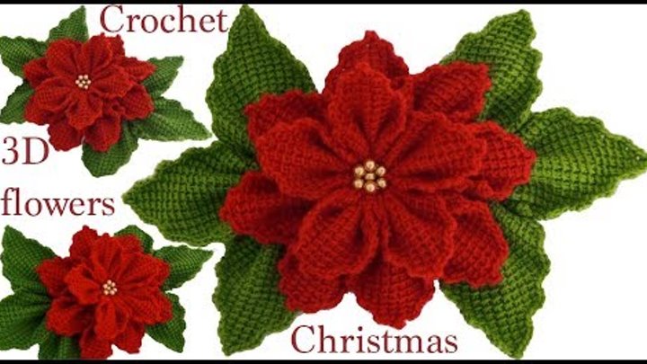 Como hacer flores Nochebuena en 3D con hojas a Crochet en punto tunecino tejido tallermanualperu