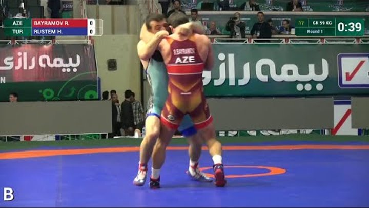 Round 1 GR - 59 kg: H. RUSTEM (TUR) df. R. BAYRAMOV (AZE) by FALL, 6-3 Round 1 GR - 59 kg: H. RUSTEM (TUR) df. R. BAYRAMOV (AZE) by FALL, 6-3