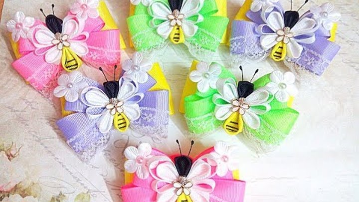Нарядные резинки бантики пчелки из лент канзаши (часть 2)МК / hair clips ribbon kanzashi DIY