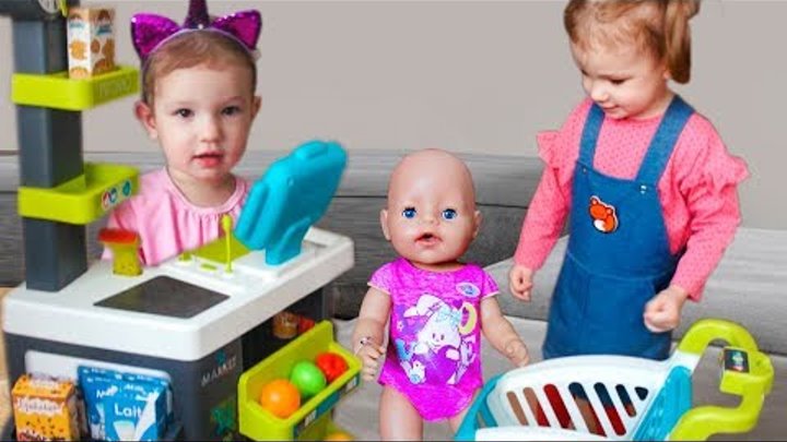 Funny baby Pretend Play Supermarket and doing Shopping with Baby Born Doll Funny baby Pretend Play Supermarket and doing Shopping with Baby Born Doll