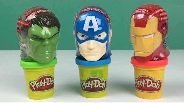 marvel avengers surprise eggs iron man captain america hulk Park Avenue Foods sit on play doh cans marvel avengers surprise eggs iron man captain america hulk Park Avenue Foods sit on play doh cans