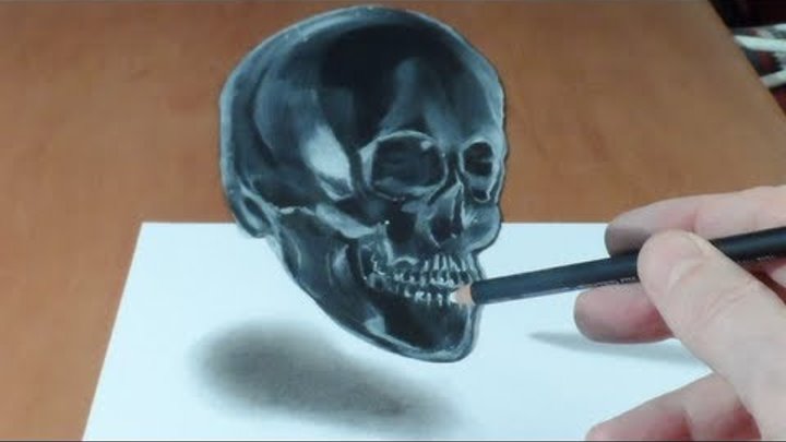 Anamorphic illusion, Drawing Levitating 3D Crystal Skull, Time Lapse