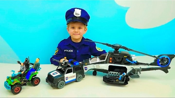 Полицейский набор Вертолёт и Машинки - Мальчик Полицейский Даник ловит грабителей. Детское видео
