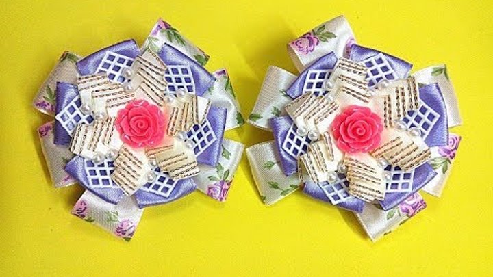 Нарядные резинки бантики из лент канзаши МК / hair clips ribbon kanzashi DIY