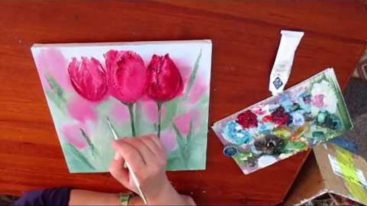 Научиться рисовать тюльпаны очень просто.Ажурный листик мастихином.
